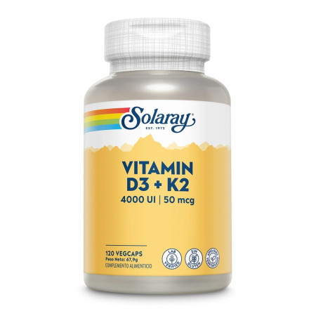 Vitamina D3 + k2 (4000 UI + 50 mcg), 120 cápsulas - Solaray