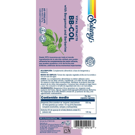 Etiqueta BB-COL (Bergamota y Berberina), 60 cápsulas - Solaray -